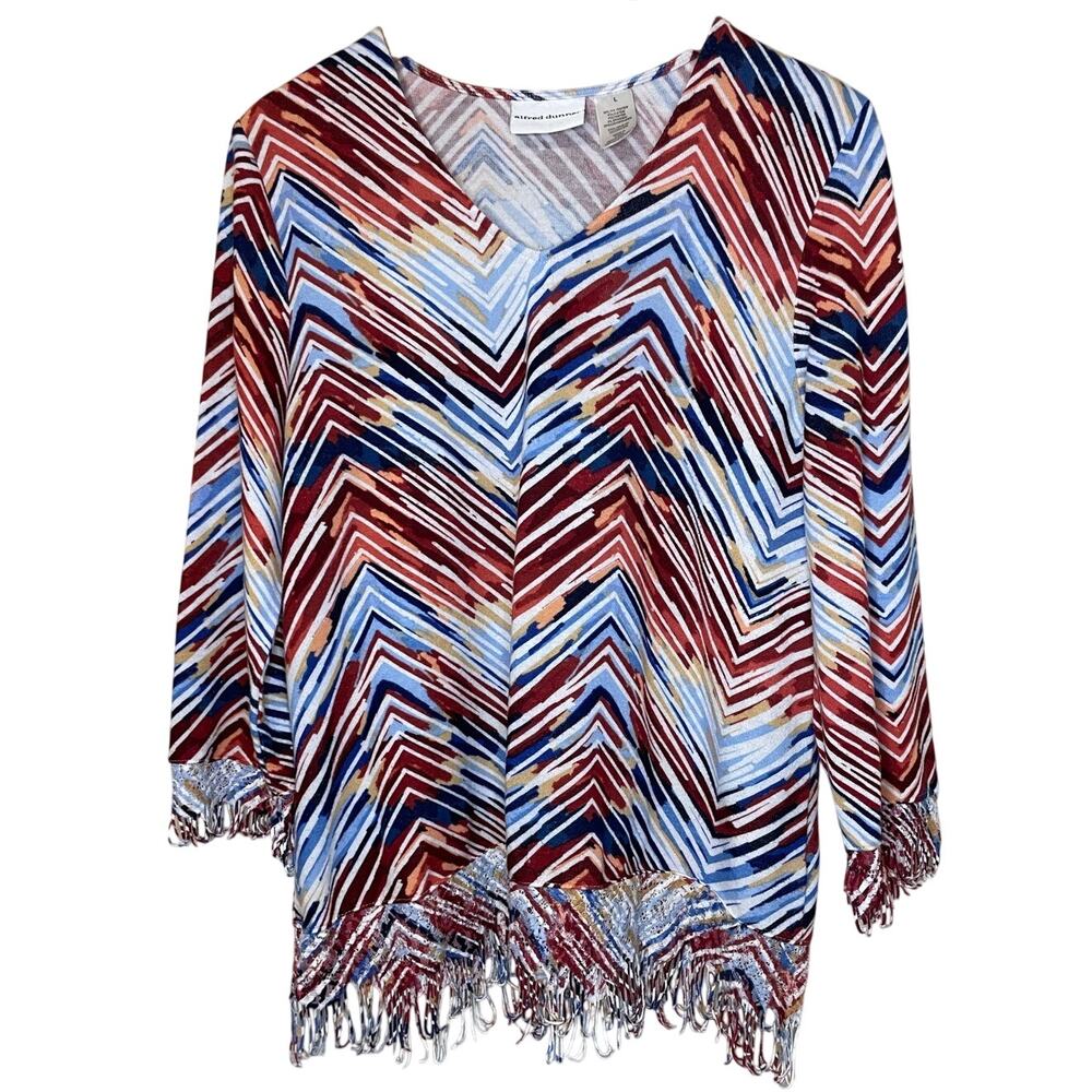 Alfred Dunner Boho Zig Zag Multicolor Fringe Long Sleeve Women's Blouse Large